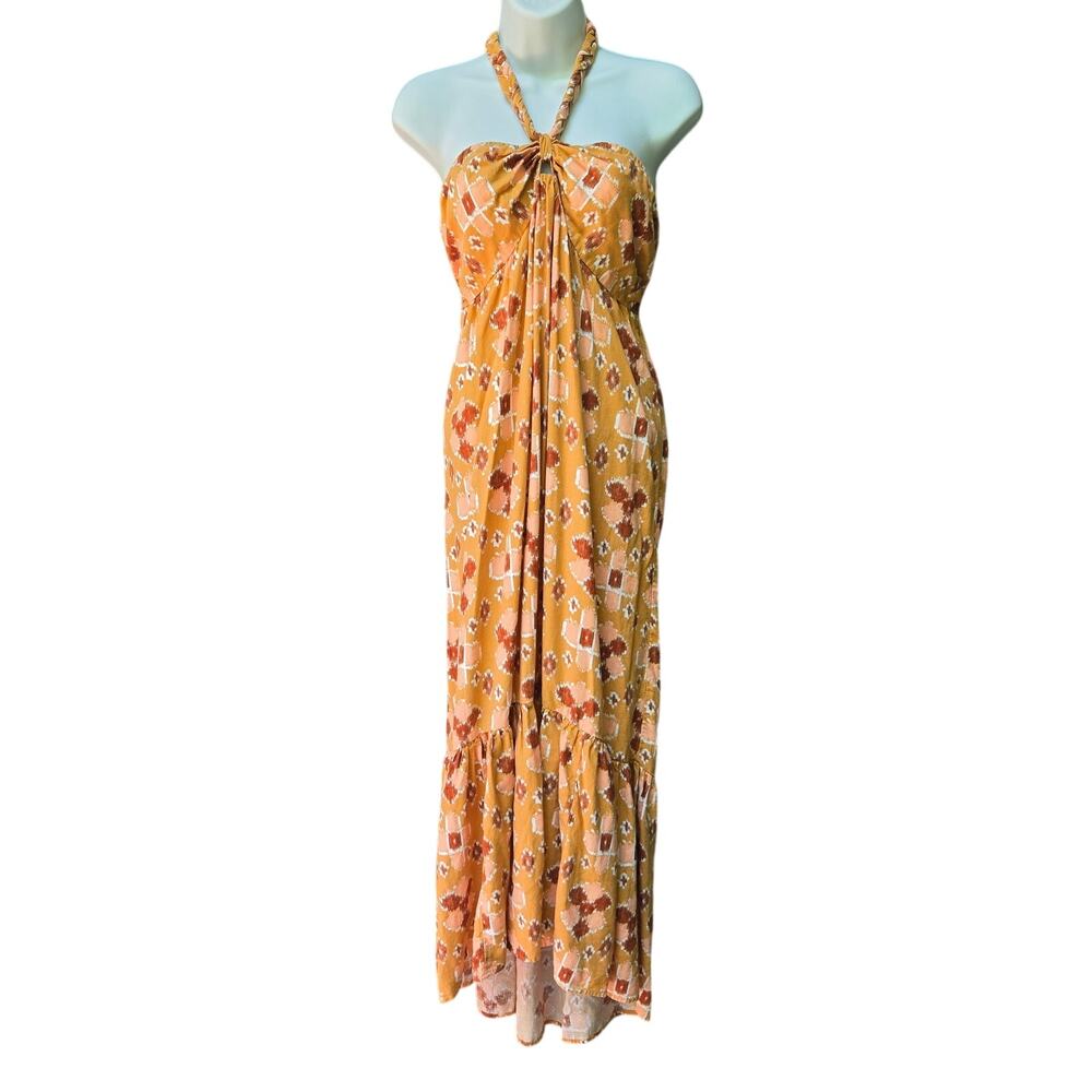 Aerie Boho Chic Beachy Whimsy Linen Blend Babydoll Hi Low Halter Maxi Sundress L